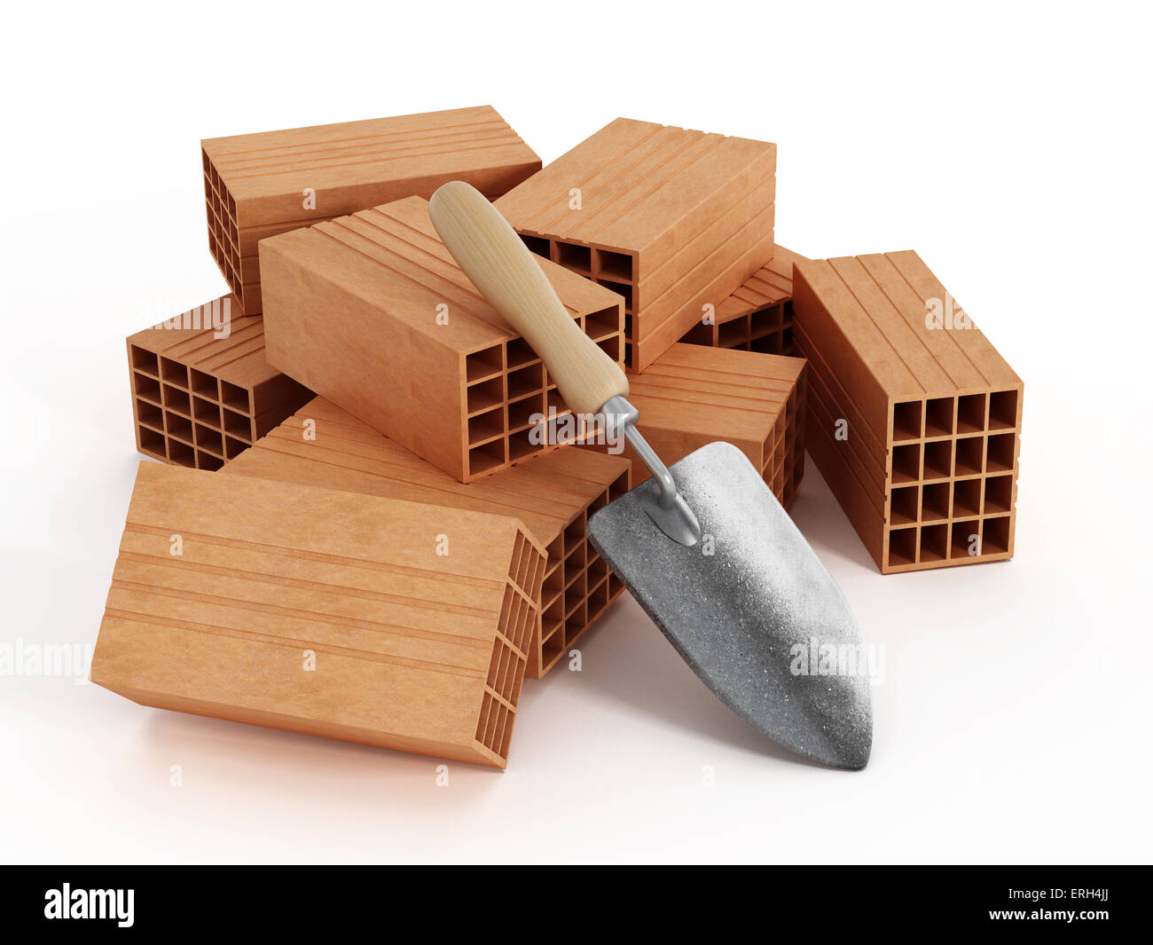 Bricks and hand shovel isolated on white background. Stock Photo