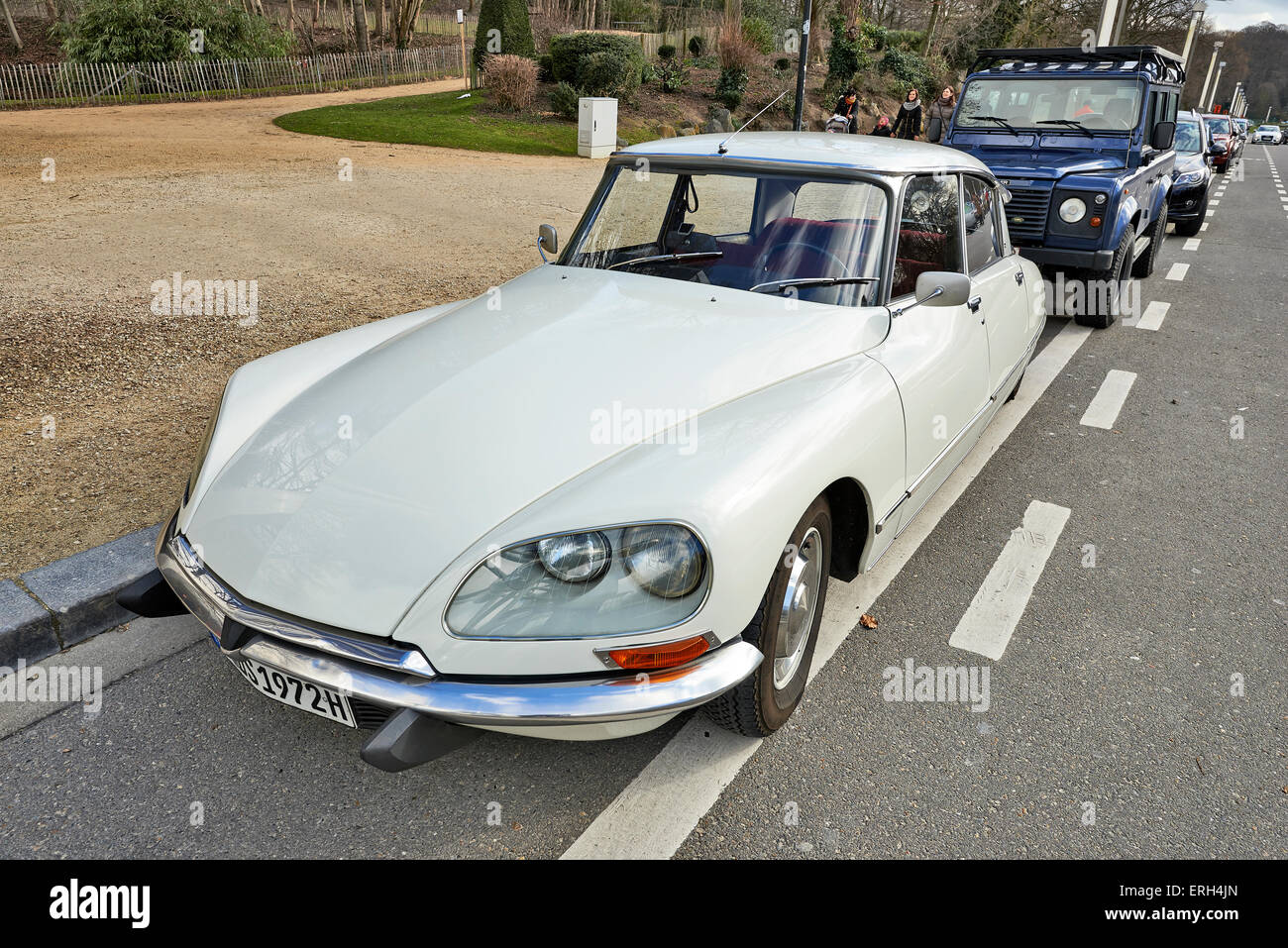 BRUSSELS, BELGIUM - FEBRUARY 16, 2014: A white, 1968 Citroën DS, the classic, elegant, streamlined French automobile, standing i Stock Photo