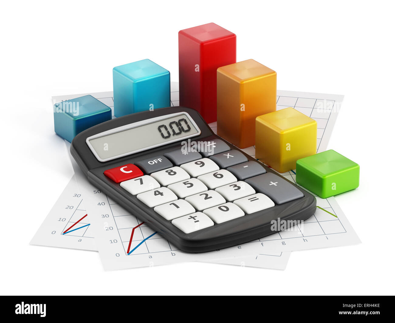 Financial report with a calculator, documents and blocks. Stock Photo