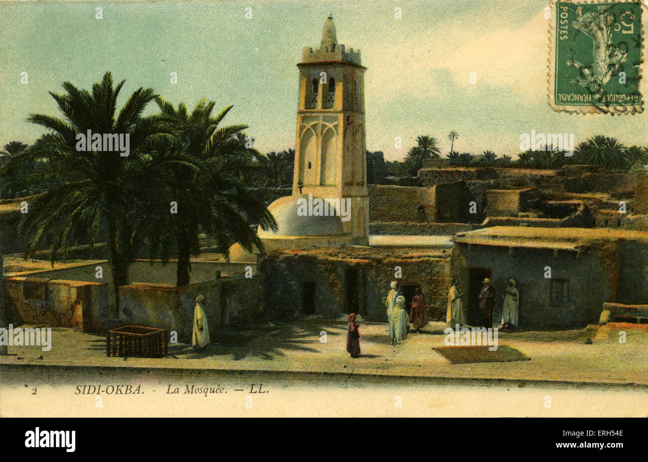 Sidi Okba, Algeria: La Mosquee (Mosque).Postage  Stamp on front. Postcard. Stock Photo