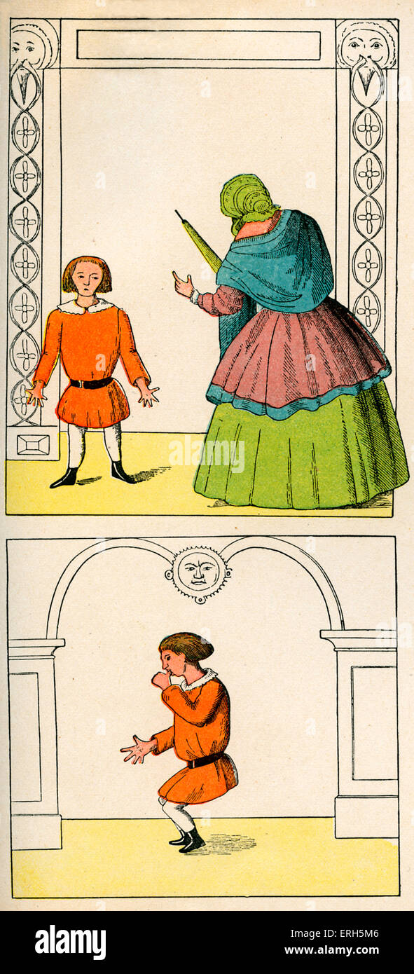 Der Struwwelpeter [Shock-headed Peter] by Dr. Heinrich Hoffmann. The Story of Suck-a-Thumb [Die Geschichte vom Daumenlutscher], 1st page of cautionary tale. Konrad 's mother warns him not to suck his thumb or it will be cut off. Printed in 400 th edition, published 1917. German children 's book, first published 1844. Illustrations by Hoffmann. HH: German psychiatrist and children's author, 13 June 1809 - 20 September 1894. Stock Photo
