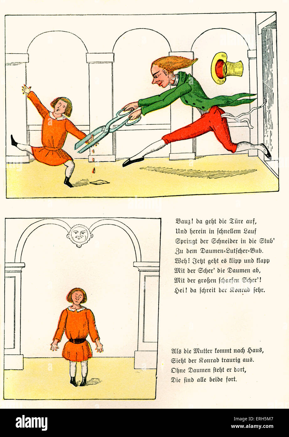 Der Struwwelpeter [Shock-headed Peter] by Dr. Heinrich Hoffmann. The Story of Suck-a-Thumb [Die Geschichte vom Daumenlutscher], 2nd page of cautionary tale. Cutting off the thumbs. Printed in 400 th edition, published 1917. German children 's book, first published 1844. Illustrations by Hoffmann. HH: German psychiatrist and children's author, 13 June 1809 - 20 September 1894. Stock Photo