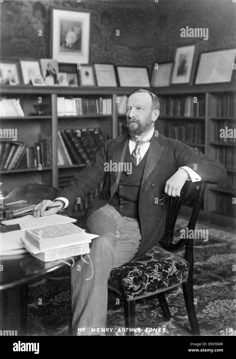 Henry Arthur Jones sitting at his desk. English dramatist, 20 September, 1851 – 7 January, 1929. Published by Henri Moss & Co as part of the series 'Playwrights at Home'. Stock Photo