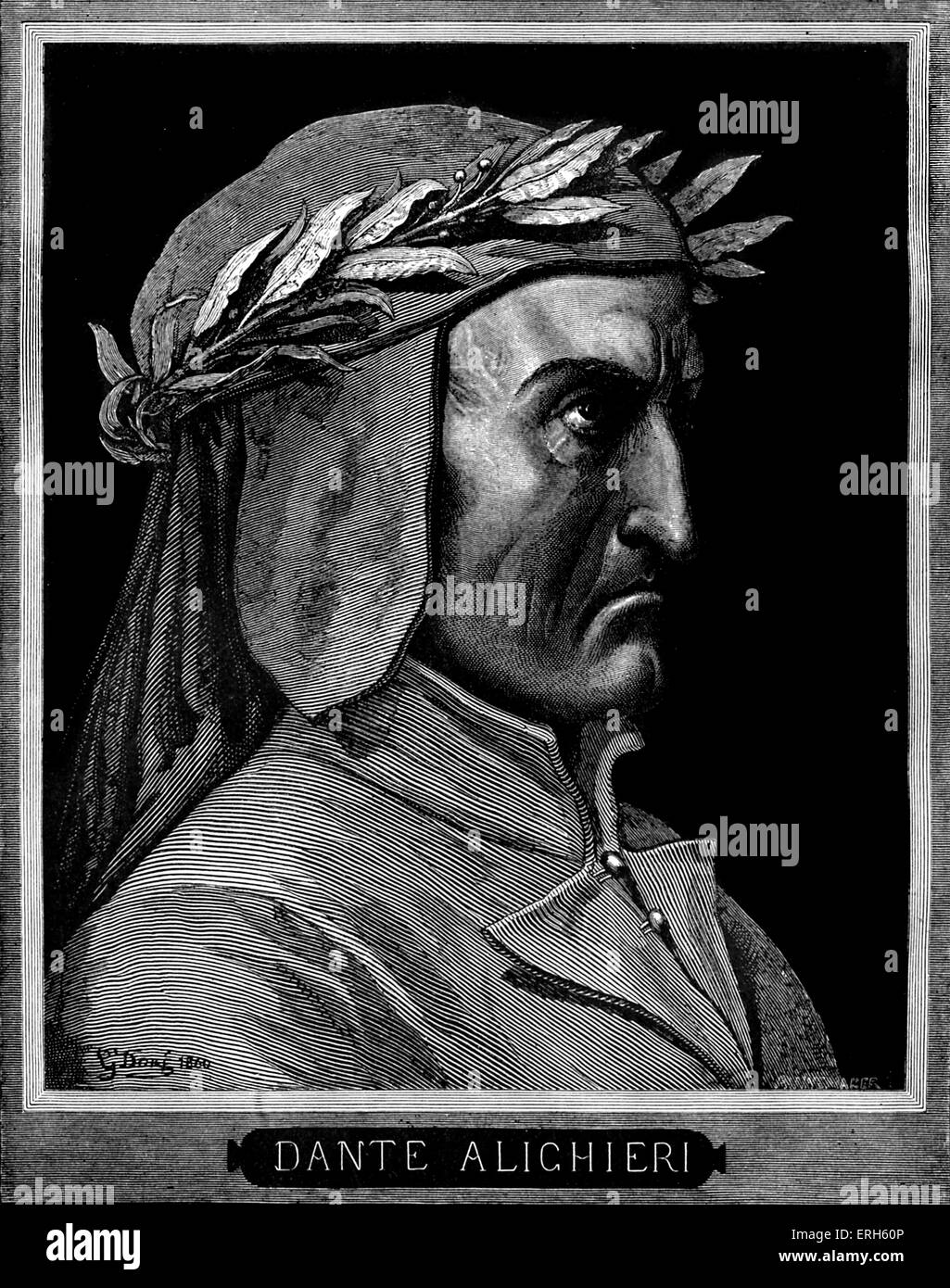 Dante Alighieri, profile portrait with laurel wreath.  Caption with name. Italian poet, 1265-1321. Stock Photo