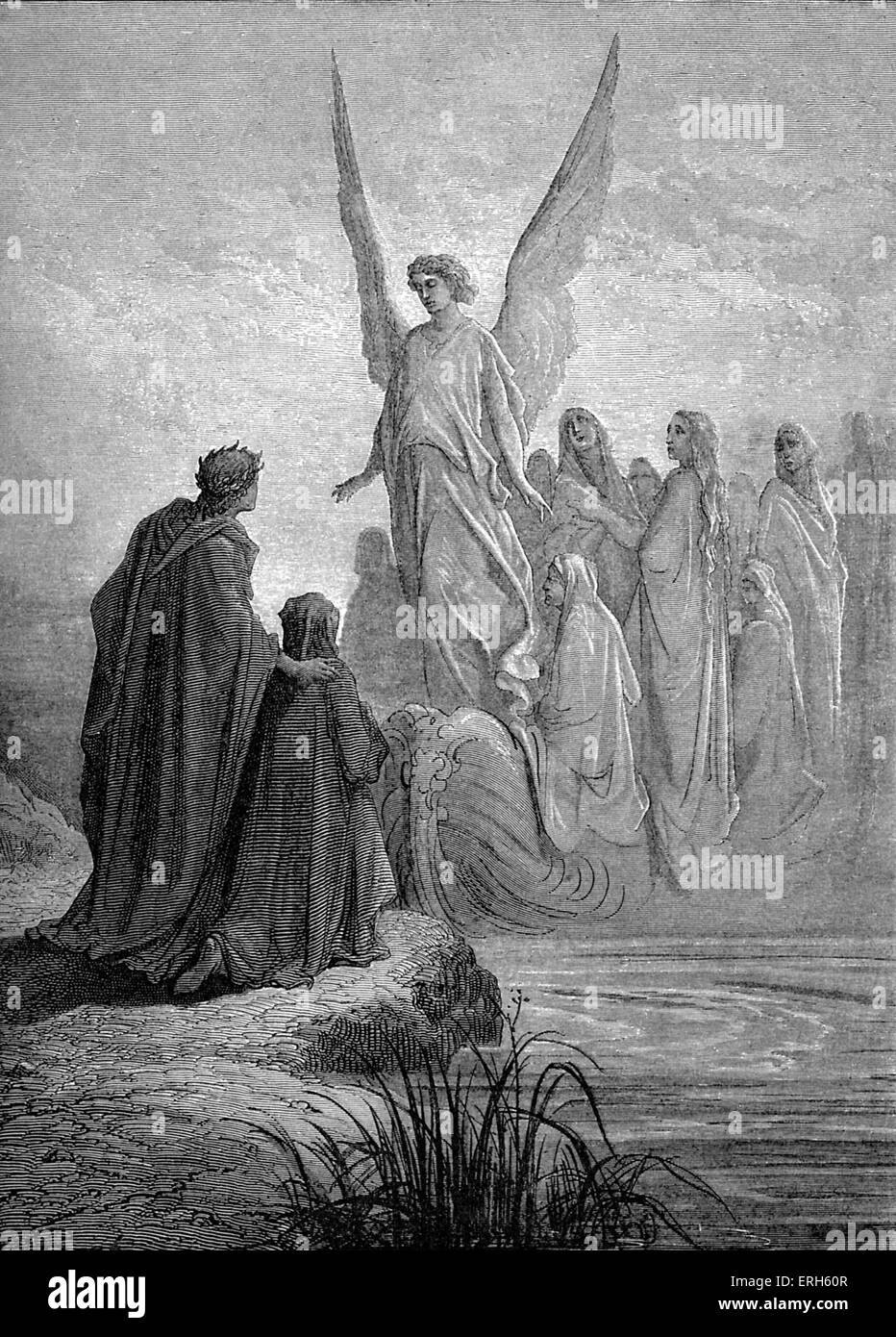 Dante's purgatory, part of his Divine Comedy. Illustration by Gustave Doré. Caption: 'The heavenly at the prow was seen, Visibly written Blessed in his looks.' - Canto II. Dante Alighieri: mid-May to mid-June 1265 - September 13/14, 1321. Stock Photo