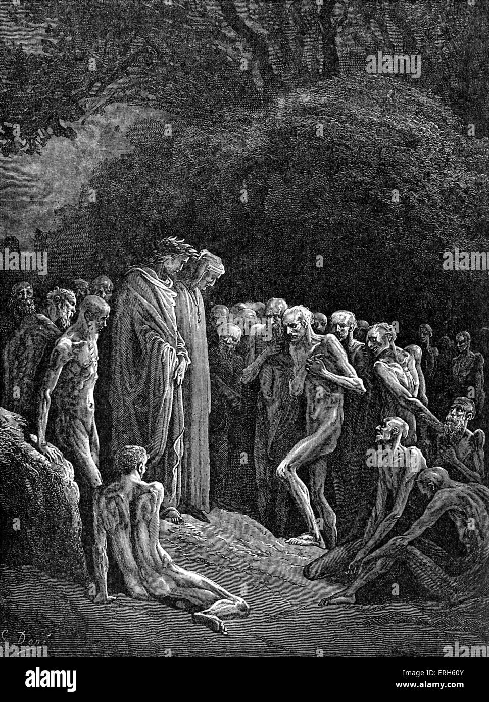 Dante's purgatory, part of his Divine Comedy. Illustration by Gustave Doré. Caption: 'The shadowy forms, that seem'd things dead and dead again, drew in at their deep-delved orbs rare wonder of me, perceiving I had life.' - Canto XXIV. Dante Alighieri: mid-May to mid-June 1265 - September 13/14, 1321. Stock Photo
