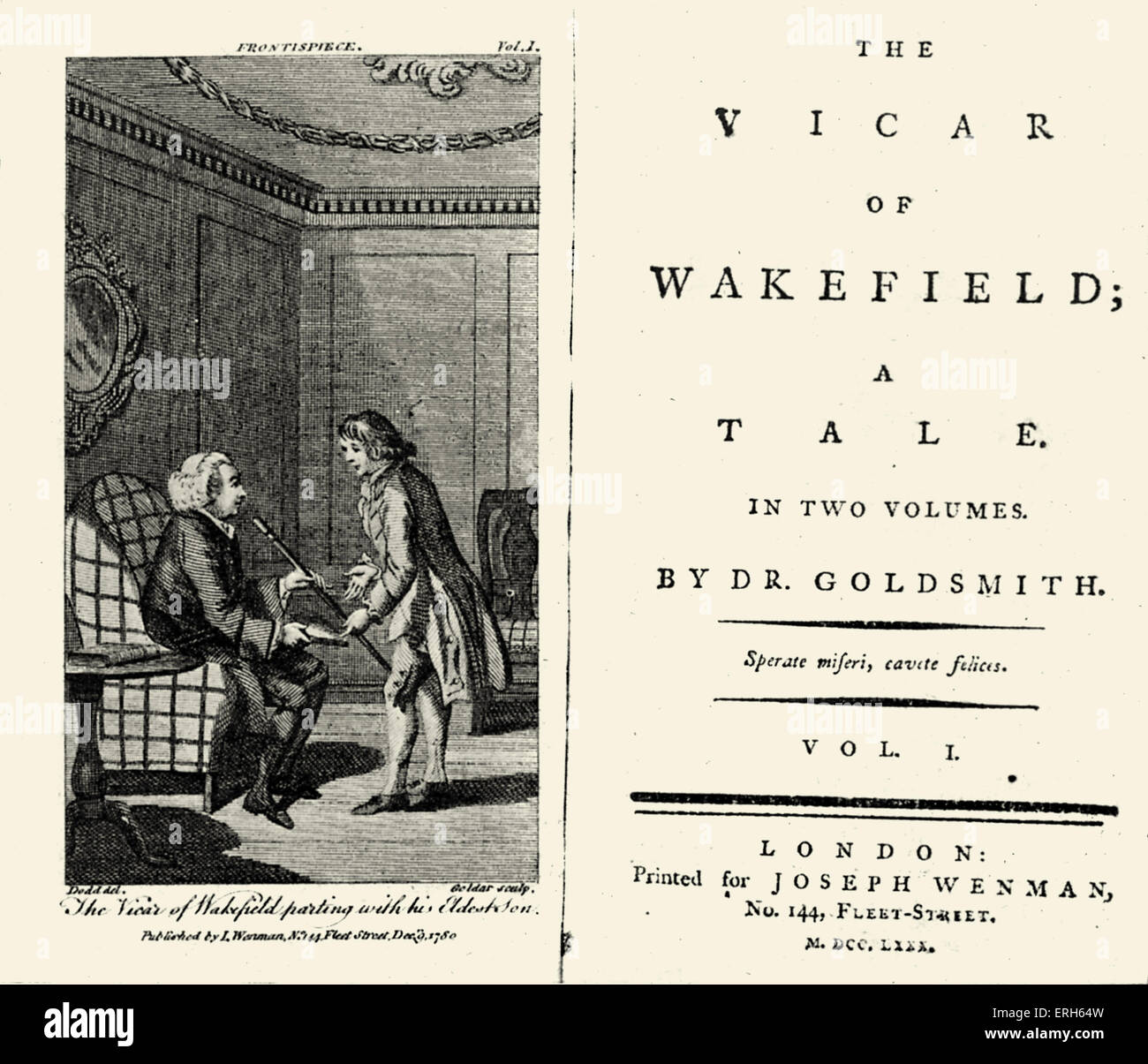 The Vicar of Wakefield by Oliver Goldsmith - the frontispiece of a 1780 edition published for Joseph Wenman of Fleet Street, Stock Photo