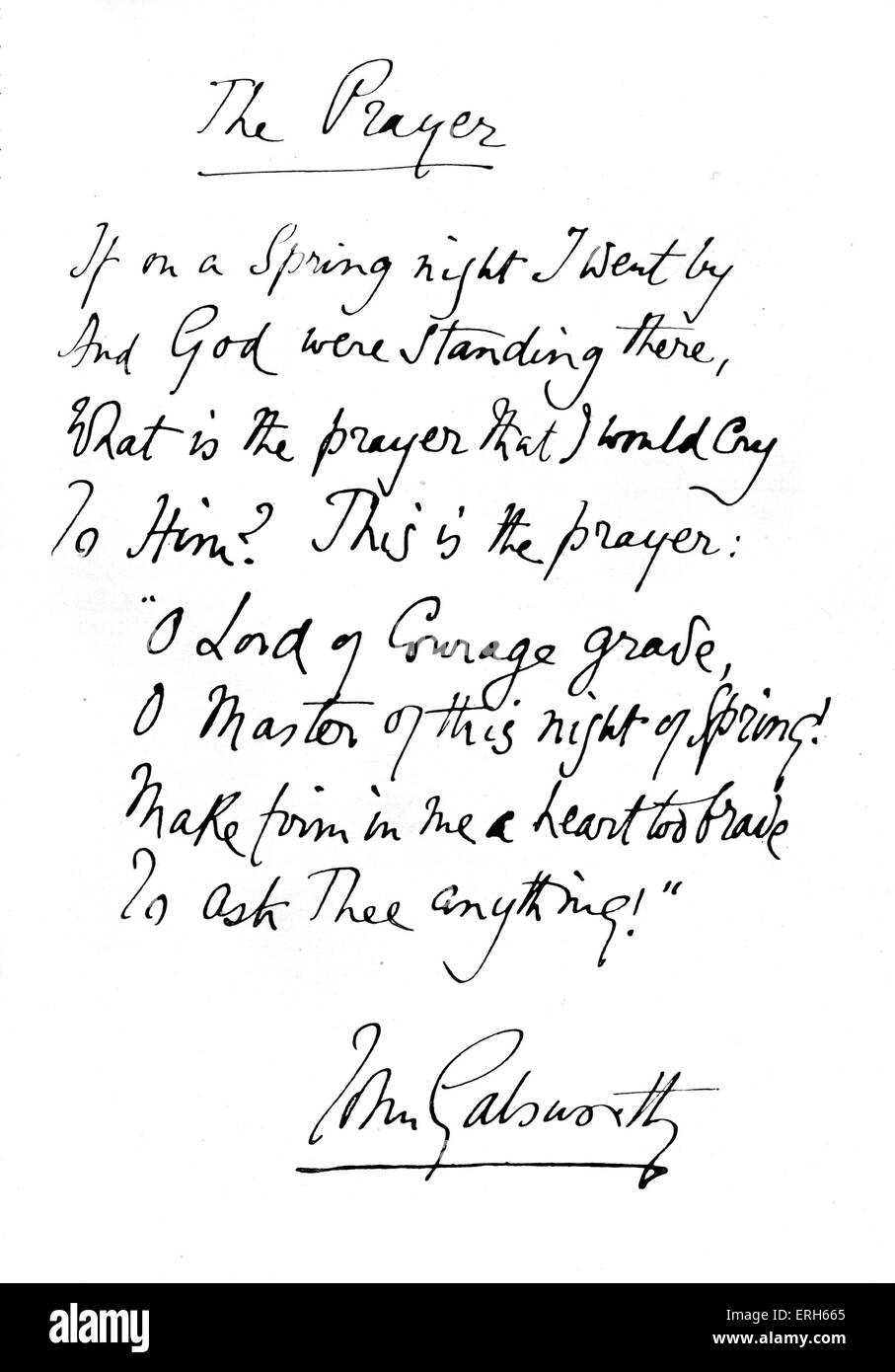 'The Prayer' by John Galsworthy - handwritten version of the poem taken from a manuscript. English novelist and playwright, 14 Stock Photo