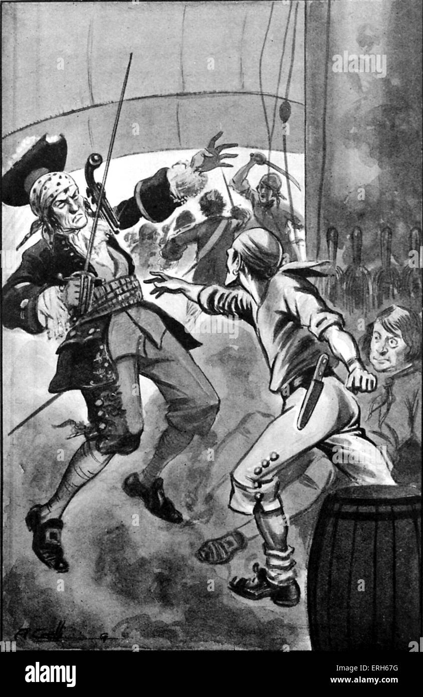 Pirates fight -. Caption reads: 'Flung an empty pistol'.  1920s children 's book illustration. Stock Photo