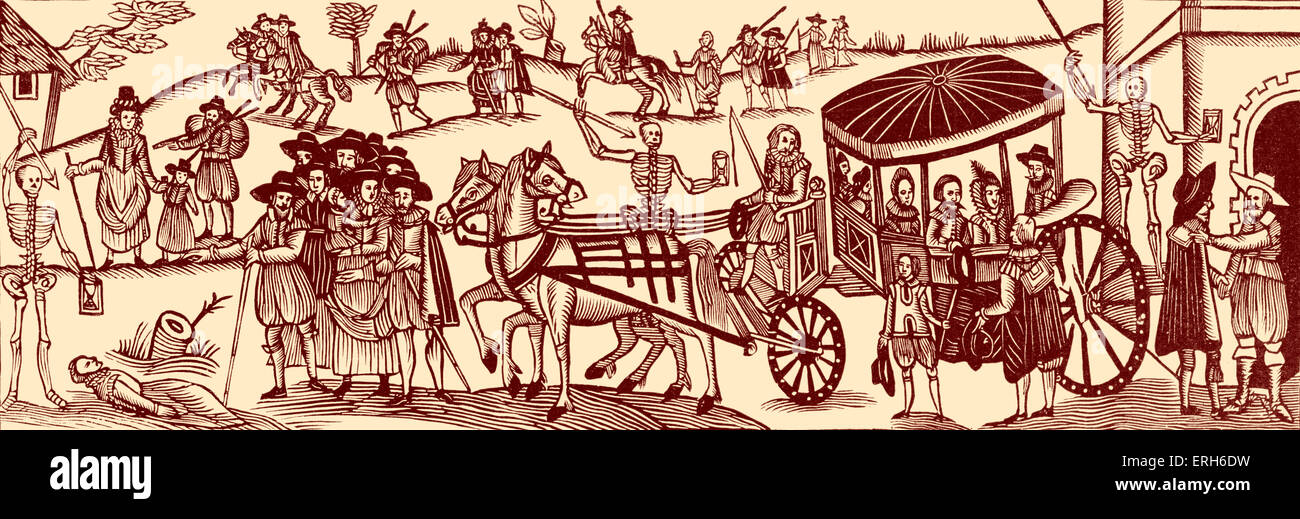 Flight of townspeople into the country to escape the plague, 1630. People travelling by horse cart. Plague depicted as skeleton Stock Photo