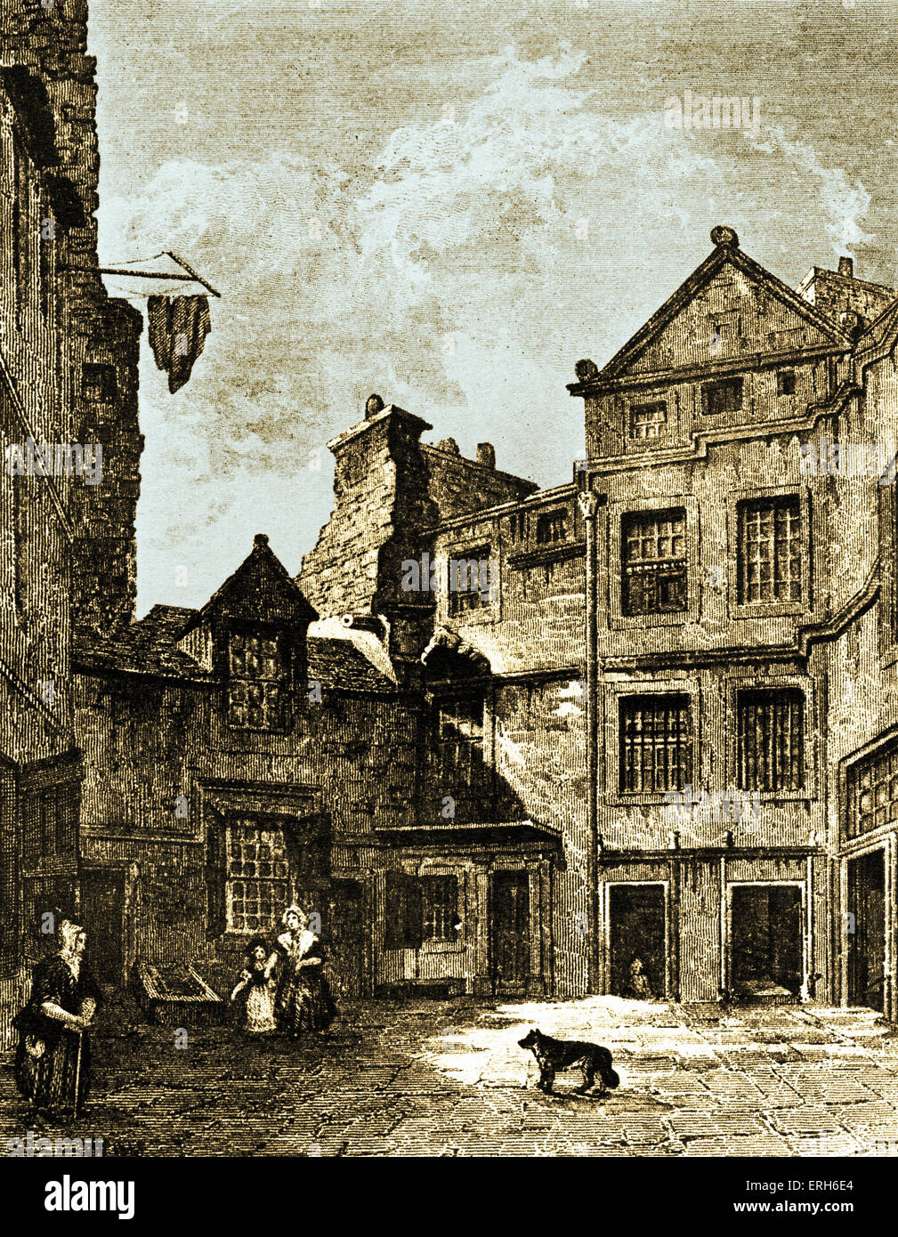 David Hume - Riddle's Close, Edinburgh, where the Scottish philosopher, economist and historian lived for a while. 26 April 1711 - 25 August 1776. Engraving ' Edinburgh in the Olden Times ' (1848) by Daniel Wilson Stock Photo