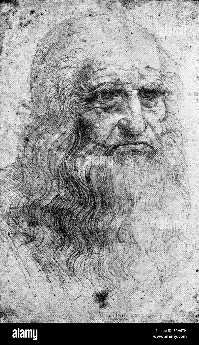 Leonardo da Vinci - from self portrait of the Italian Renaissance painter, sculptor, writer, scientist, architect and engineer, Stock Photo