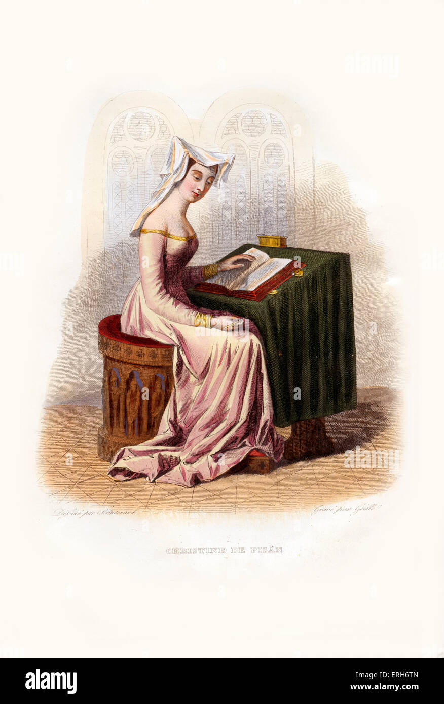 Christine de Pisan. 1363 – c.1430. Venetian-born poet well known and highly regarded in her own day. Engraving by Geille.c.1846 Stock Photo