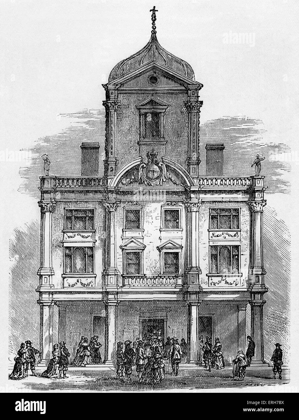 Duke's Theatre, Dorset Gardens, Whitefriars, London with audience outside. The old Queen's Theatre in Dorset Gardens, in which Stock Photo