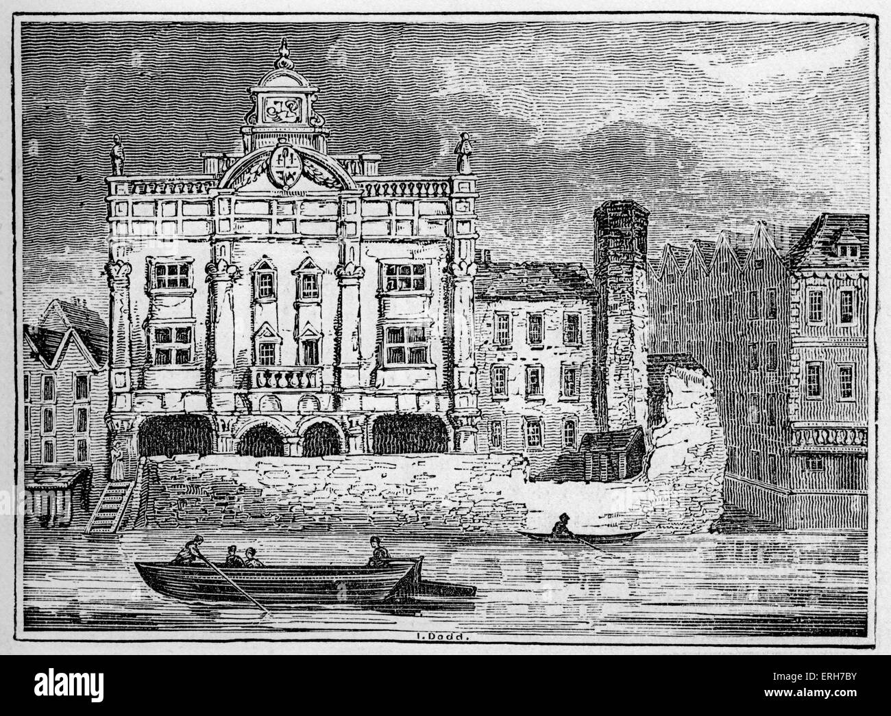 Duke's Theatre, Dorset Gardens, Whitefriars, London - view overlooking the Thames. Note the landing place was visitors Stock Photo