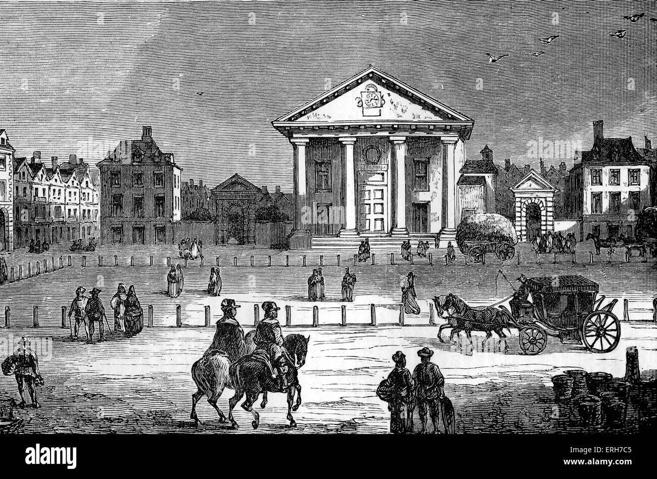 Covent Garden, London, in 1650. Street scene showing riders, carriages, horse and cart, and various passers-by. Stock Photo