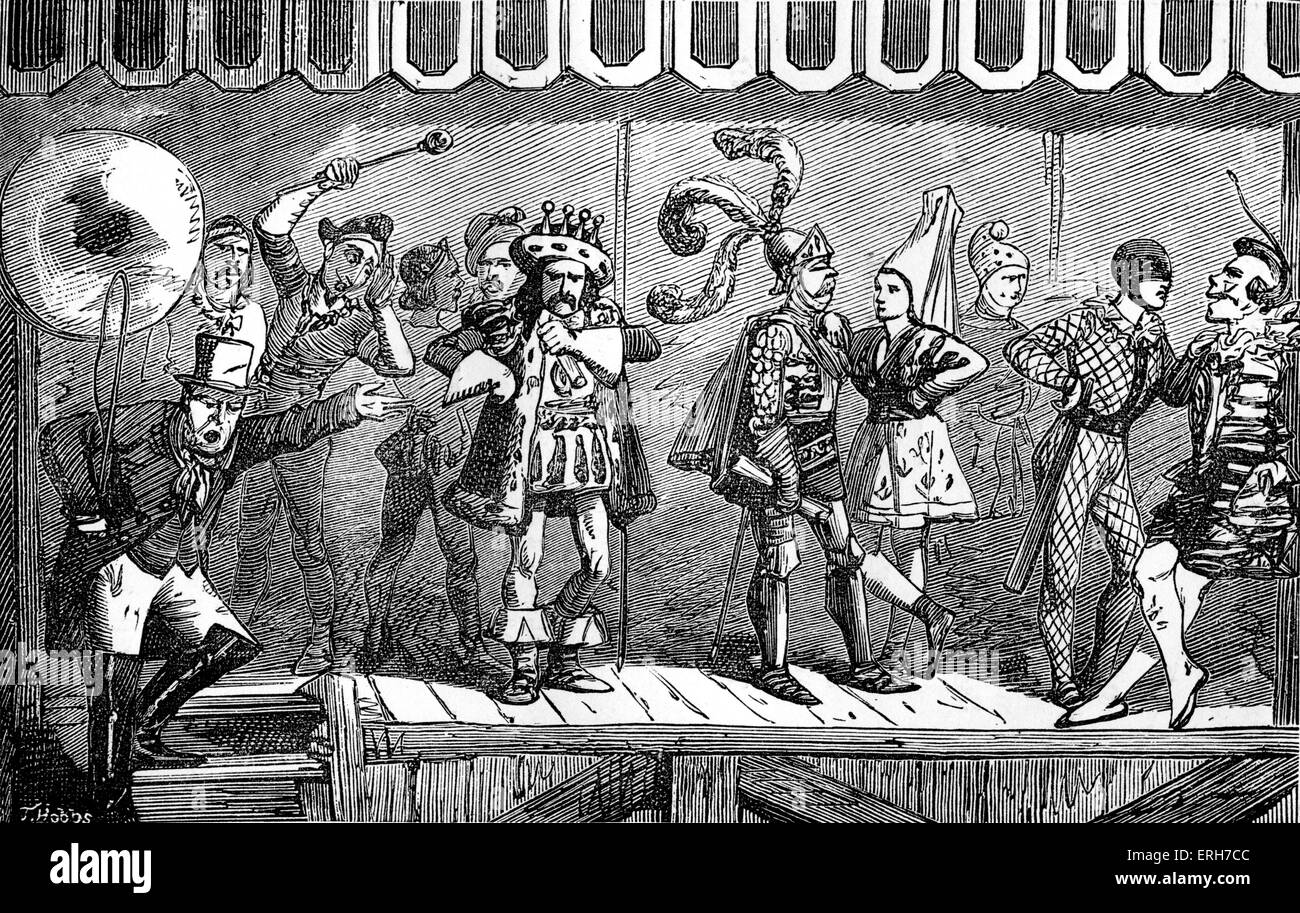 Bartholomew Fair, London - a stage with actors. 19th century scene of performers. Caption reads: 'This vay, this vay, for the Stock Photo