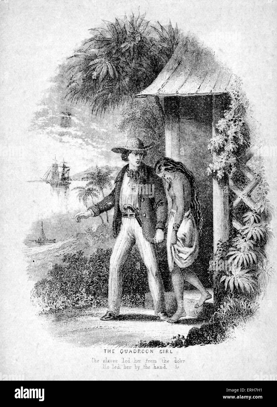 The Quadroon Girl illustration to 1885 epic poem The Song of Hiawatha - by Henry Wadsworth Longfellow . Caption:'The slaver led her from the door/ He led her by the hand'. Loosely based on legends and ethnography of the Ojibwe (Chippewa, Anishinaabeg) and other Native American peoples contained in Algic Researches (1839) and additional writings of Henry Rowe Schoolcraft. HWL: American poet and educator, 27 February 1807 – 24 March 1882. HRS: American geographer, geologist, and ethnologist, 28 March 1793 – 10 December 1864. Stock Photo