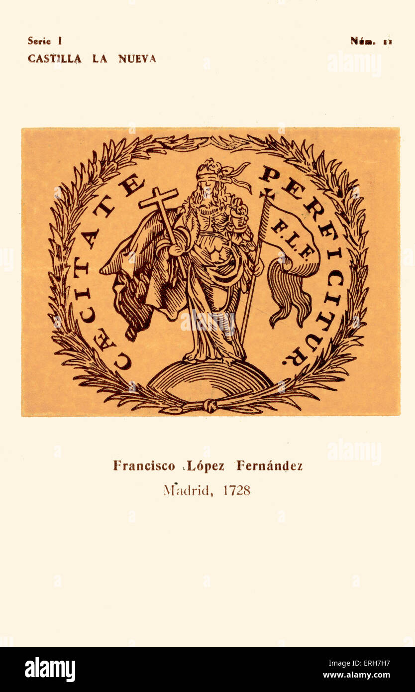 Bookseller 's mark: Fráncisco López Fernández, Madrid 1728. Motto reads: 'Caecitate Perficitur' (Blindness is perfected). No.11 Stock Photo