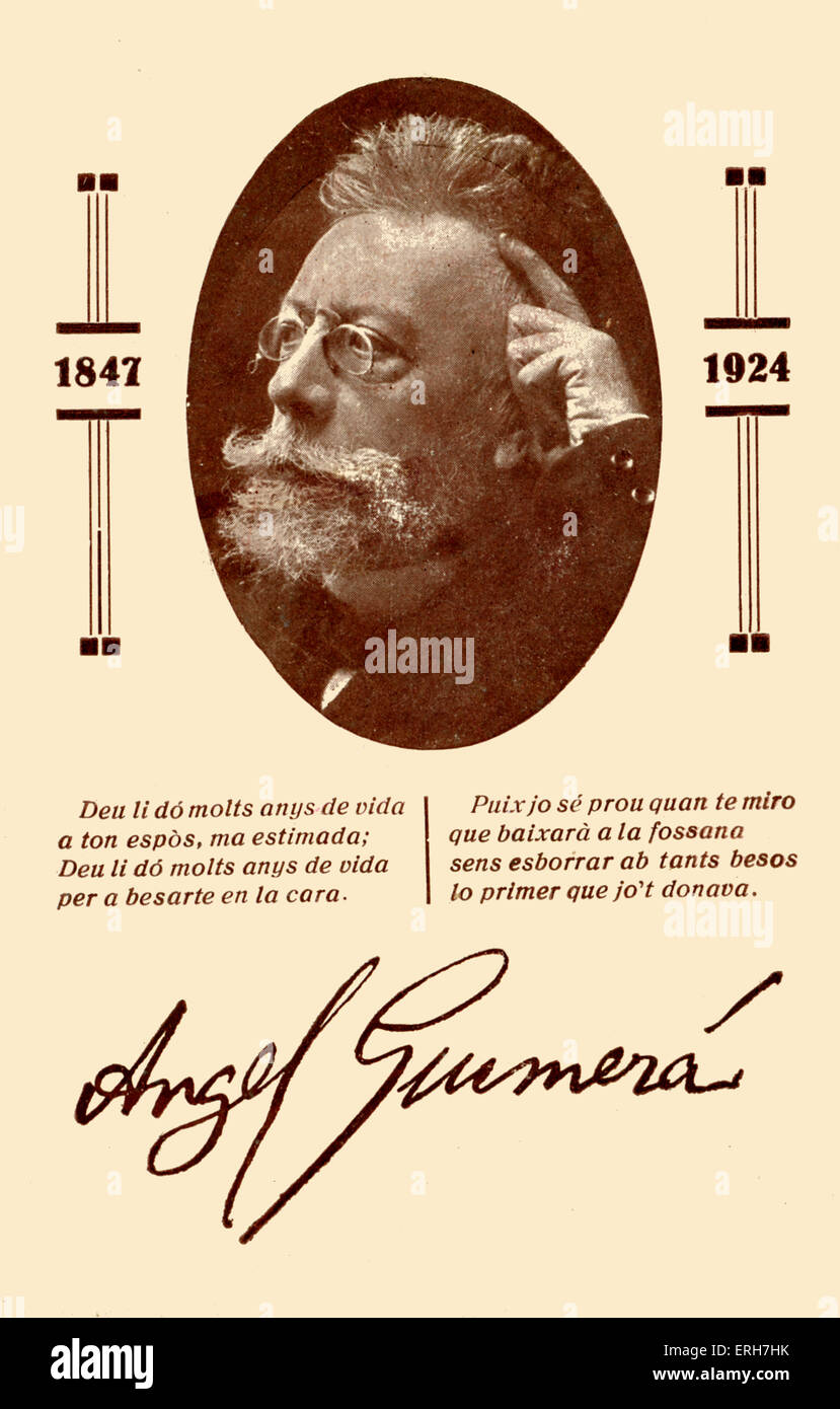 Àngel Guimerà i Jorge - portrait. Spanish Canarian and Catalonian writer (1847 - 1924). Underneath portrait is his signature and Stock Photo