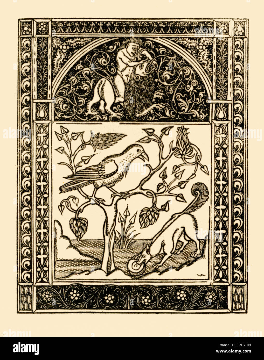 Aesop 's fables: The Fox and The Crow. Illustration after 1485 edition printed in Naples by German printers for Francesco del Stock Photo