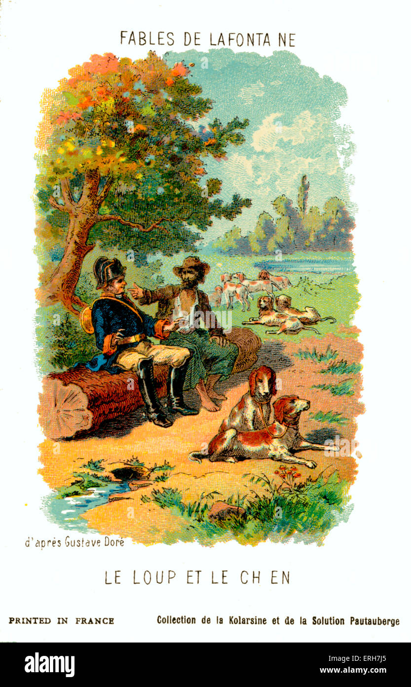 The Wolf and the Dog- fable by La Fontaine (Le Loup et le chien). After  illustration by Gustave Doré. Jean de La Fontaine Stock Photo - Alamy