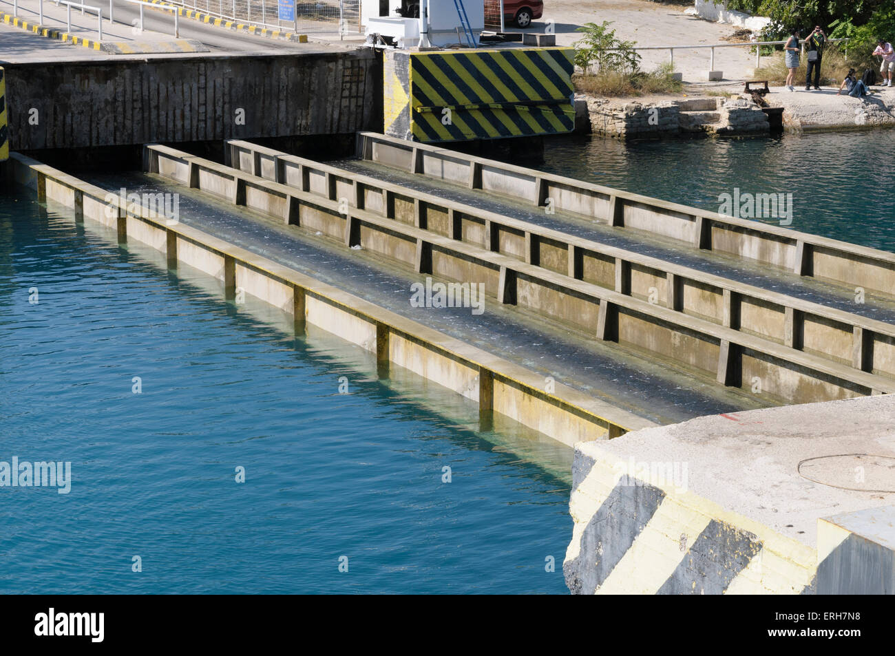 Lowering of the submersible bridge at Isthmia on the Corinth canal, Greece Stock Photo