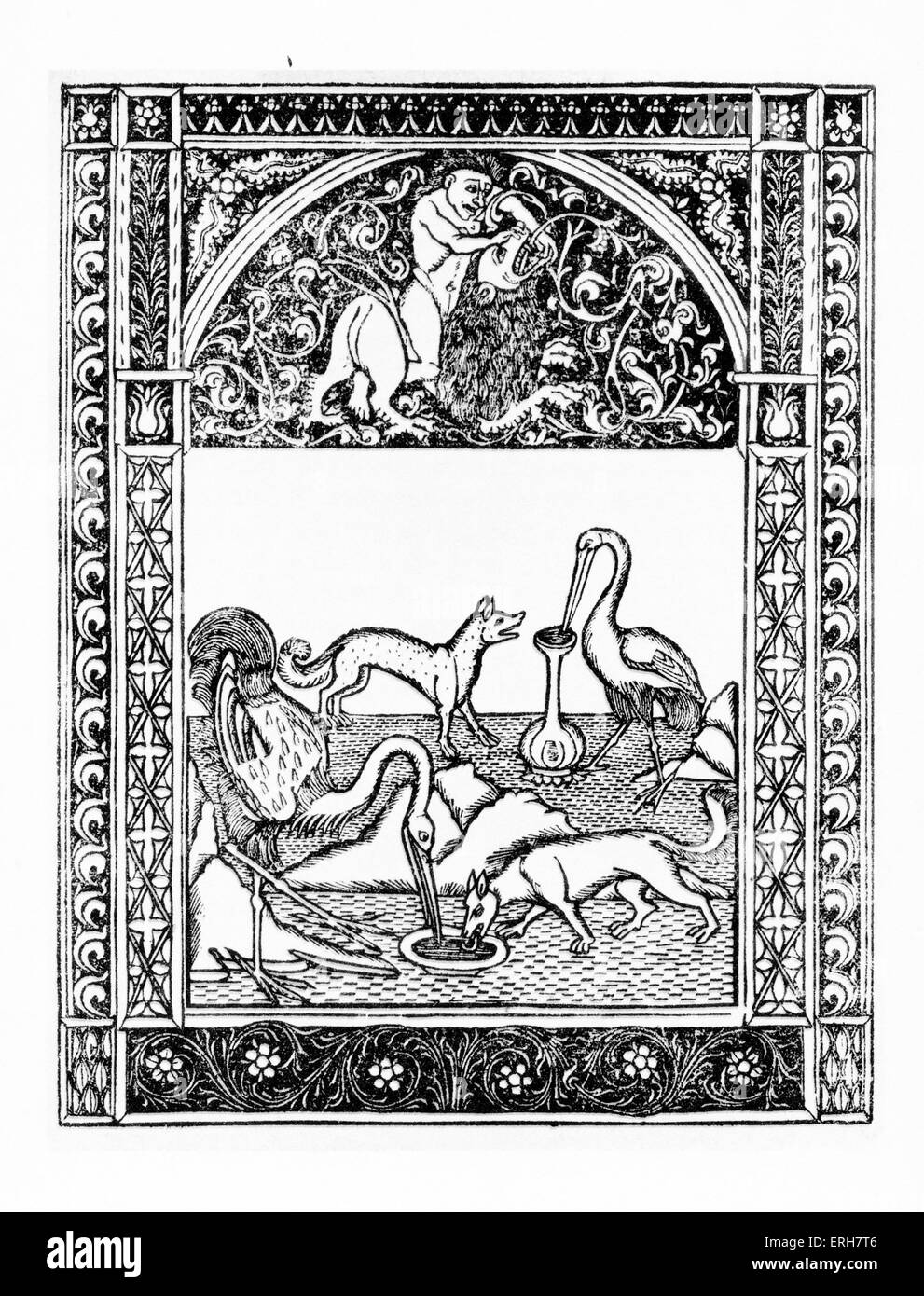 Aesop 's fables: the Fox and the Stork. Illustration after 1485 edition printed in Naples by German printers for Francesco del Stock Photo