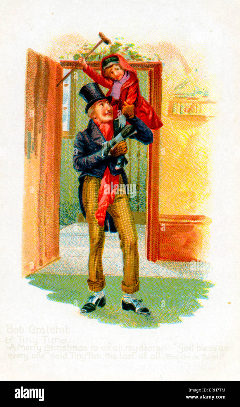 A Christmas Carol by Charles Dickens. Bob Cratchit and Tiny Tim. English novelist  7 February 1812 – 9 June 1870. Stock Photo