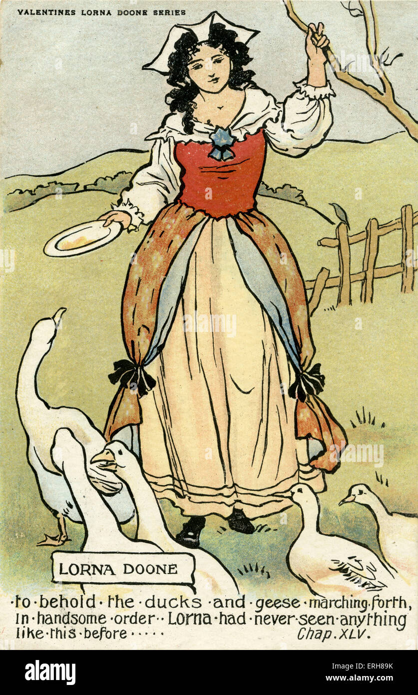 Lorna Doone by Richard Doddrige Blackmore, English author: 7 June 1825 – 20 January 1900. Lorna Doone with geese. Caption reads: 'to behold the ducks and geese marching forth, in handsome order - Lorna had never seen anything like this before.' (from chapter 45) Stock Photo