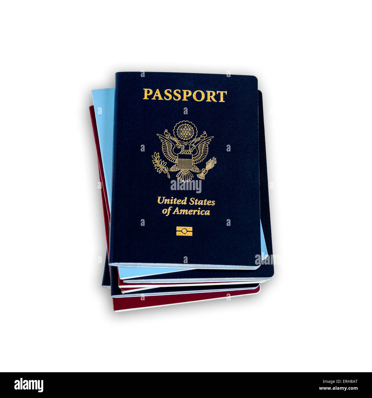 Stack of different color passports with dark blue US passports on the