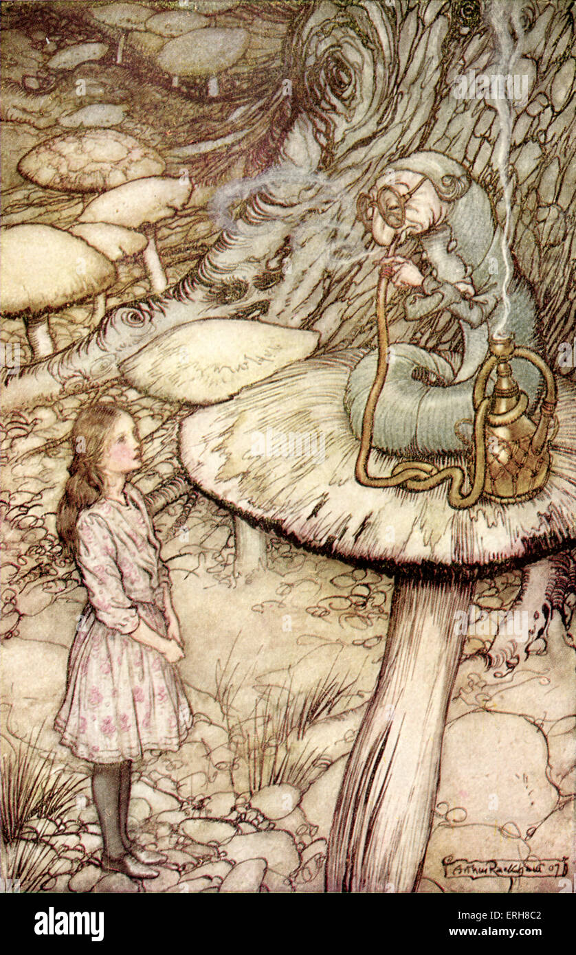 Alice 's Adventures in Wonderland by Lewis Carroll (Charles Lutwidge Dodgson). Caption reads:'Advice from a caterpillar (Chapter 5)'. Illustration by Arthur Rackham. (First published 1865). LC: English children's writer and mathematician 27 January 1832- 14 January 1898. AR: 1867 -1939 (Real name Reverend Charles Lutwidge Dodgson) English author: 27 January 1832 - 14 January 1898. Stock Photo