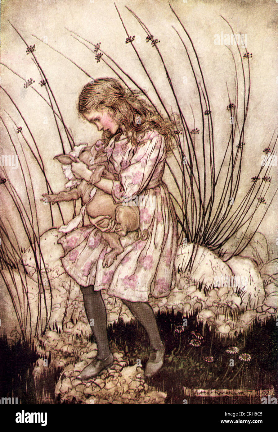Alice 's Adventures in Wonderland by Lewis Carroll (Charles Lutwidge Dodgson). Caption reads:'It grunted again so violently that she looked down into its face with some alarm (Chapter 6- baby turns into a pig). Illustration by Arthur Rackham. (First published 1865). LC: English children's writer and mathematician 27 January 1832- 14 January 1898. AR: 1867 -1939 (Real name Reverend Charles Lutwidge Dodgson) English author: 27 January 1832 - 14 January 1898. Stock Photo
