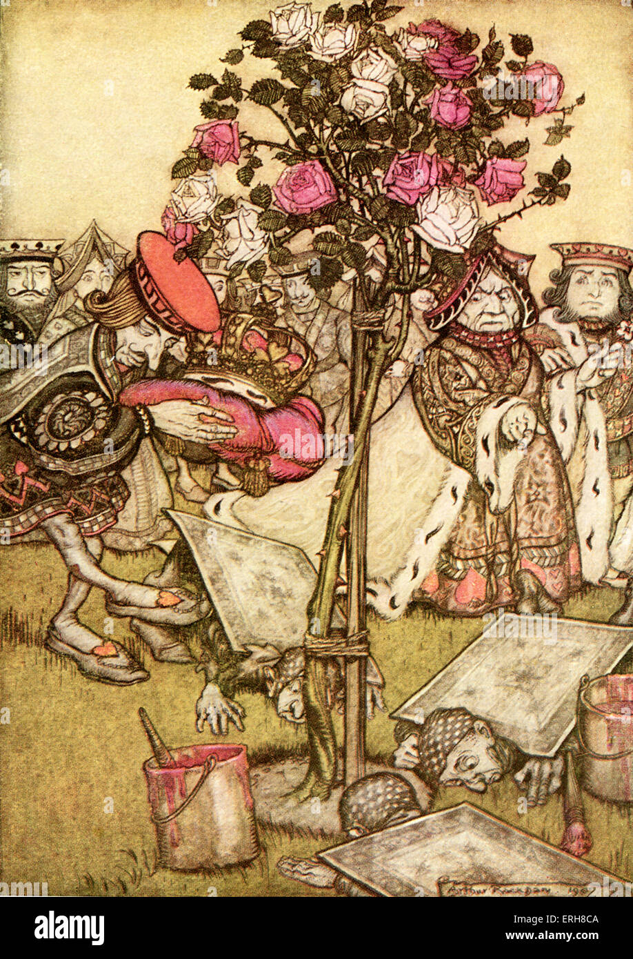 Alice 's Adventures in Wonderland by Lewis Carroll (Charles Lutwidge Dodgson). Caption reads:'The Garden of the Queen of Hearts. - The Queen turned angrily away from him and said to the nave, 'Turn them over'' (Chapter 8). Illustration by Arthur Rackham. (First published 1865). LC: English children's writer and mathematician 27 January 1832- 14 January 1898. AR: 1867 -1939 (Real name Reverend Charles Lutwidge Dodgson) English author: 27 January 1832 - 14 January 1898. Stock Photo