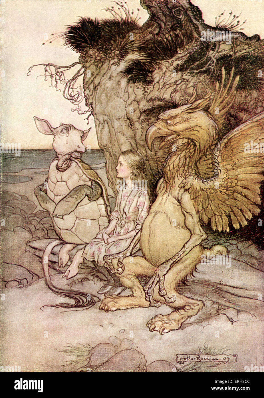 Alice 's Adventures in Wonderland by Lewis Carroll (Charles Lutwidge Dodgson). Caption reads:'The Mock Turtle drew a long breath and said 'That's very curious'' (Chapter 10). Illustration by Arthur Rackham. (First published 1865). LC: English children's writer and mathematician 27 January 1832- 14 January 1898. AR: 1867 -1939 (Real name Reverend Charles Lutwidge Dodgson) English author: 27 January 1832 - 14 January 1898. Stock Photo