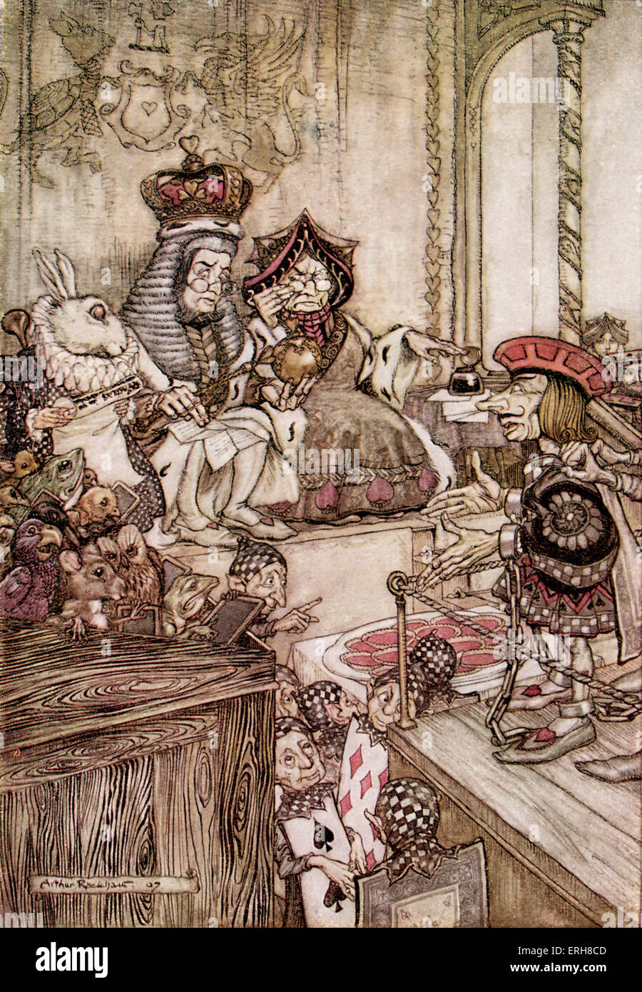 Alice 's Adventures in Wonderland by Lewis Carroll (Charles Lutwidge Dodgson). Caption reads:'Who stole the tarts?' (Chapter 11- the trial). Illustration by Arthur Rackham. (First published 1865). LC: English children's writer and mathematician 27 January 1832- 14 January 1898. AR: 1867 -1939 (Real name Reverend Charles Lutwidge Dodgson) English author: 27 January 1832 - 14 January 1898. Stock Photo