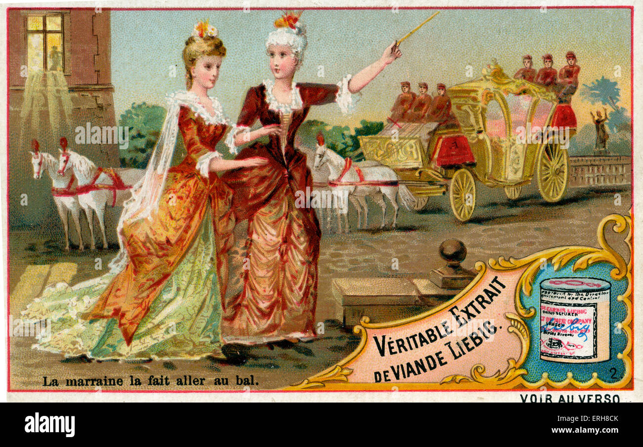 The Fairy Godmother sends Cinderella to the ball. Caption reads: 'La Marraine la fait aller au bal'. Liebig card series (1888). Stock Photo