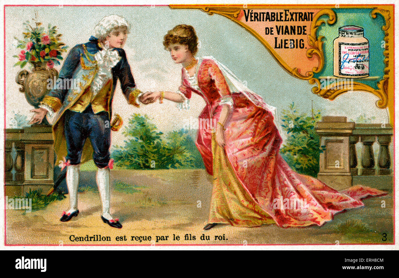 Cinderella meets the Prince. Caption reads: 'Cendrillon est reçue par le fils du roi'. Liebig card series. Stock Photo