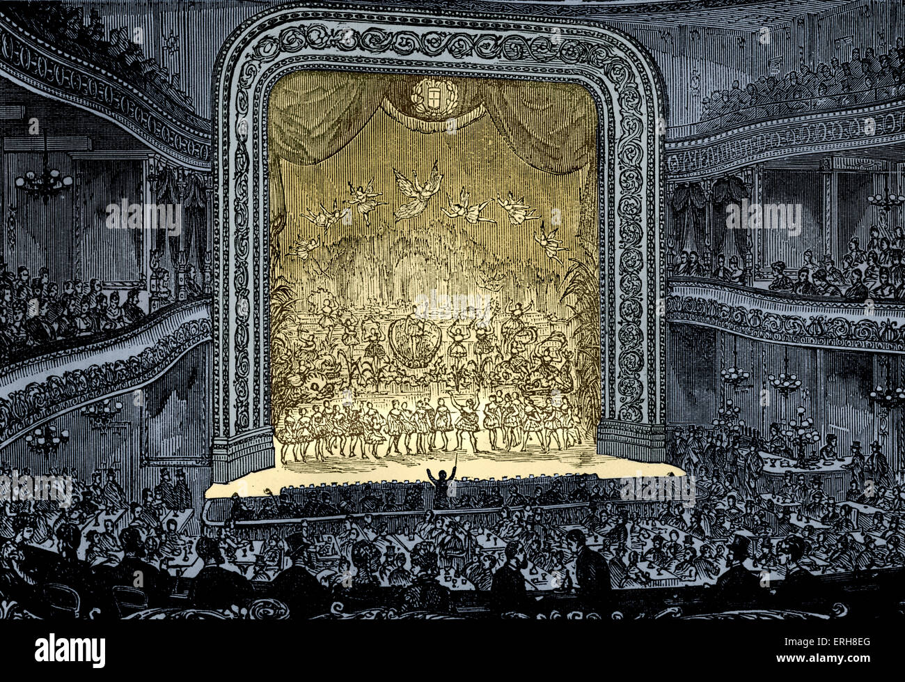 19th century theatre interior, showing the stage, seating, audience and performers. Musical with conductor waving baton for Stock Photo