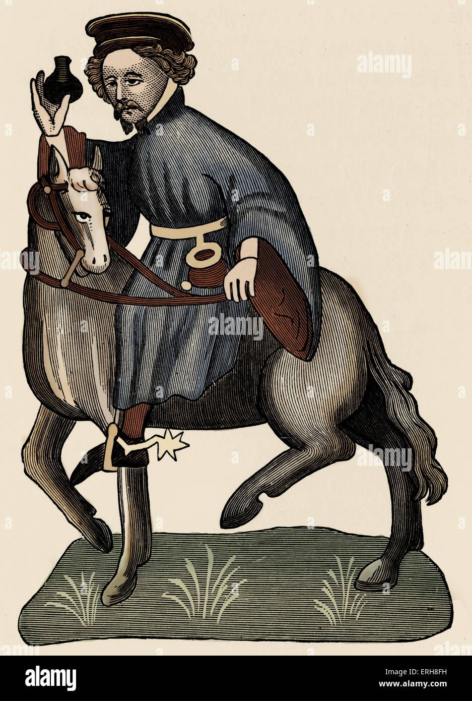 Geoffrey Chaucer ' s Canterbury Tales - The Manciple on horseback.  English poet, c. 1343-1400. Ellesemere manuscript of Stock Photo