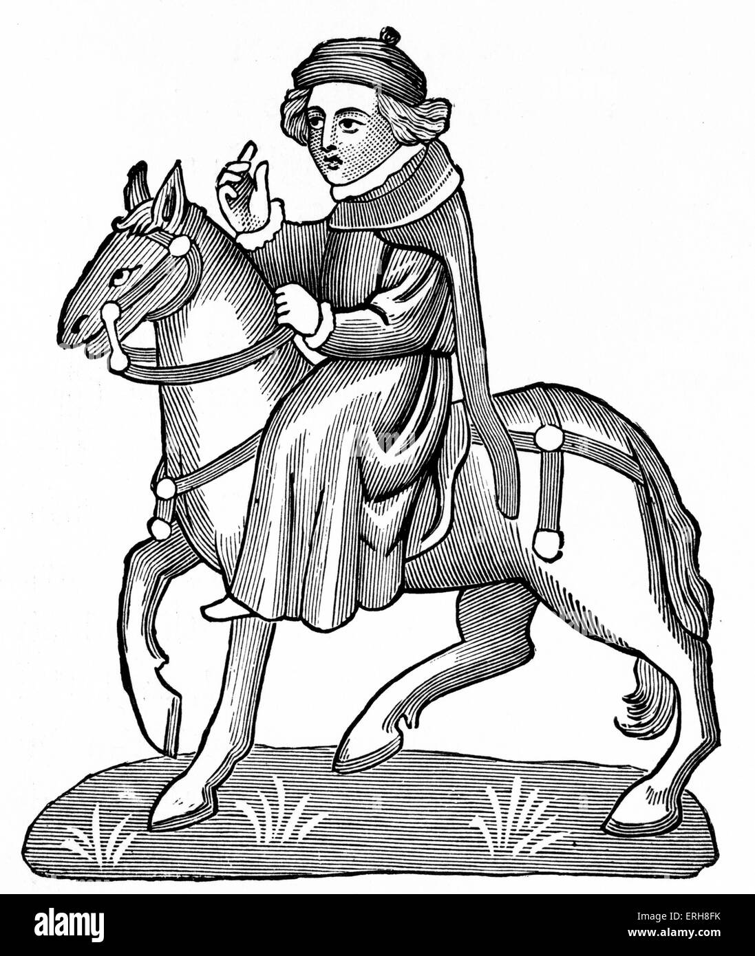 Geoffrey Chaucer ' s Canterbury Tales - The Nun 's Priest on horseback.  English poet, c. 1343-1400.Ellesmere manuscript of Stock Photo