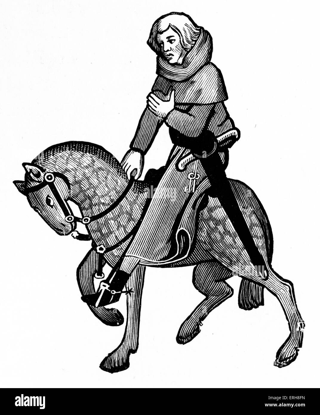 Geoffrey Chaucer ' s Canterbury Tales - The Reeve on horseback. English poet, c. 1343-1400. Ellesemere manuscript of Canterbury Tales. Stock Photo