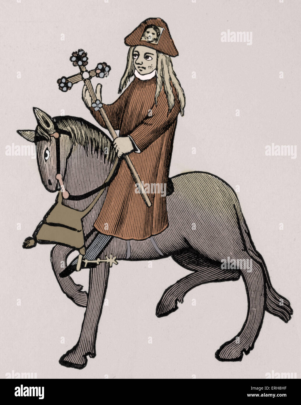 Geoffrey Chaucer ' s Canterbury Tales - The Pardoner  on horseback.  English poet, c. 1343-1400. Ellesmere manuscript of Stock Photo