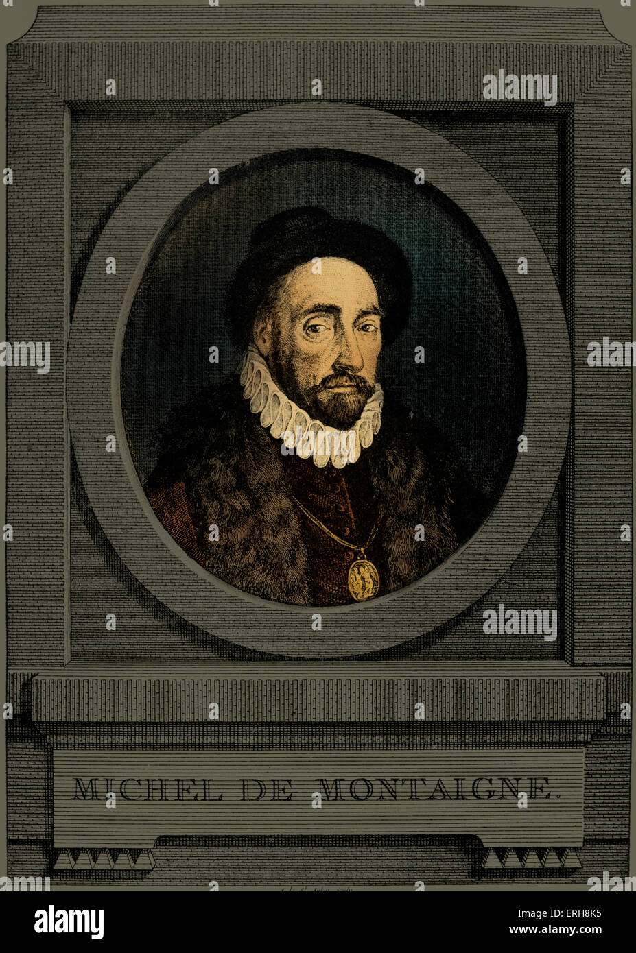 Michel de Montaigne - portrait of the French writer, 28 February 1533 - 13 September 1592. Engraving by Charles Germain de Saint Aubin. Portrait in medallion, frontispiece of Montaigne's 'Voyage en Italie'. Stock Photo