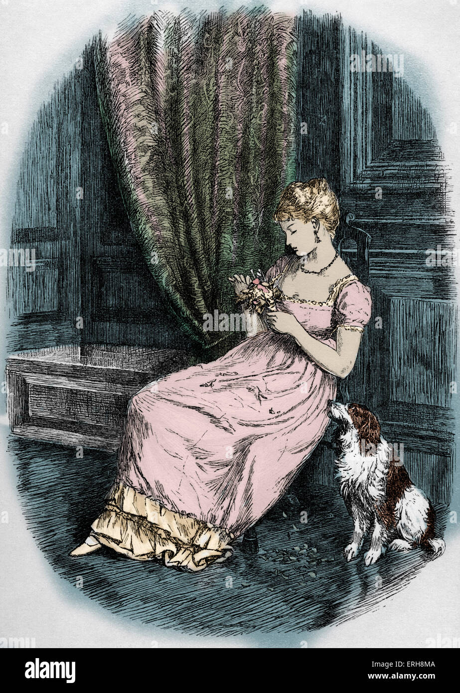 Old Christmas by Washington Irving. Julia at the Christmas Eve gathering. Caption: 'Indeed, so great was her indifference, that Stock Photo