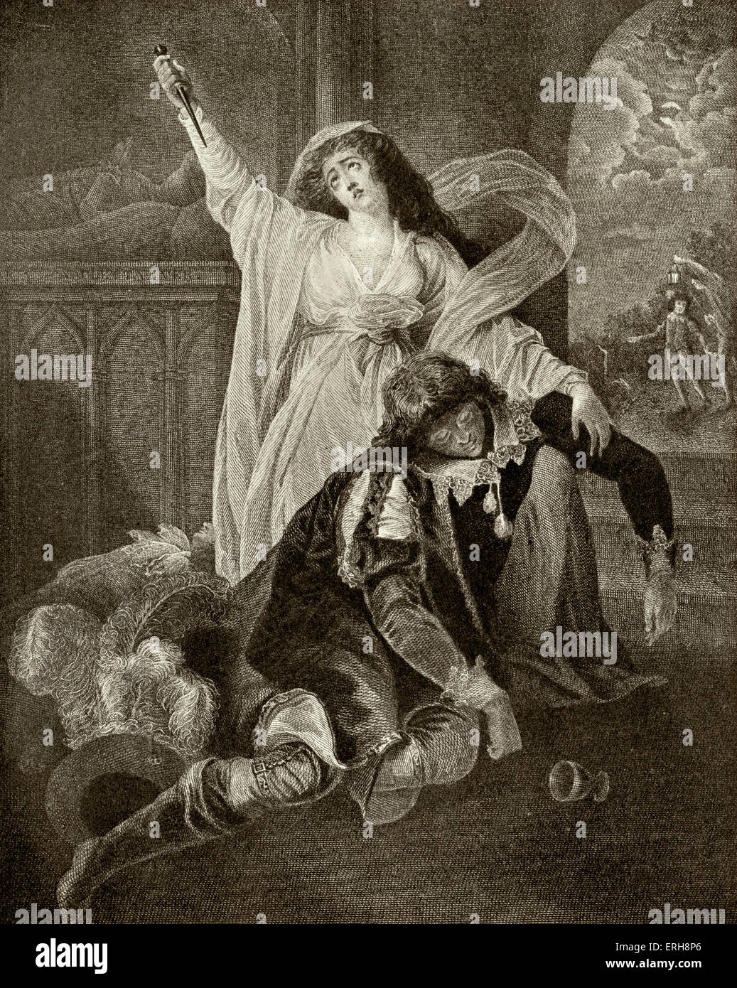 William SHAKESPEARE - scene from play Romeo and Juliet scene by Matthew W. Peters. Act V, Sc 3 'O happy dagger!  This is thy Stock Photo