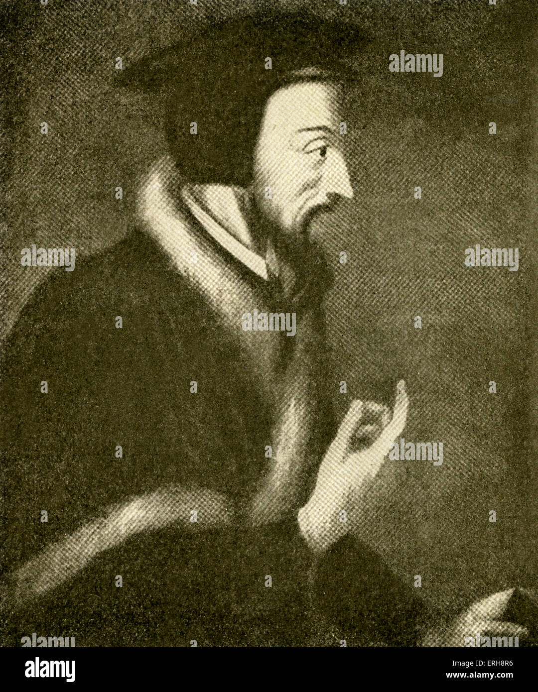 John Calvin - portrait after painting by unknown artist. Influential French theologian and pastor during the Protestant Stock Photo