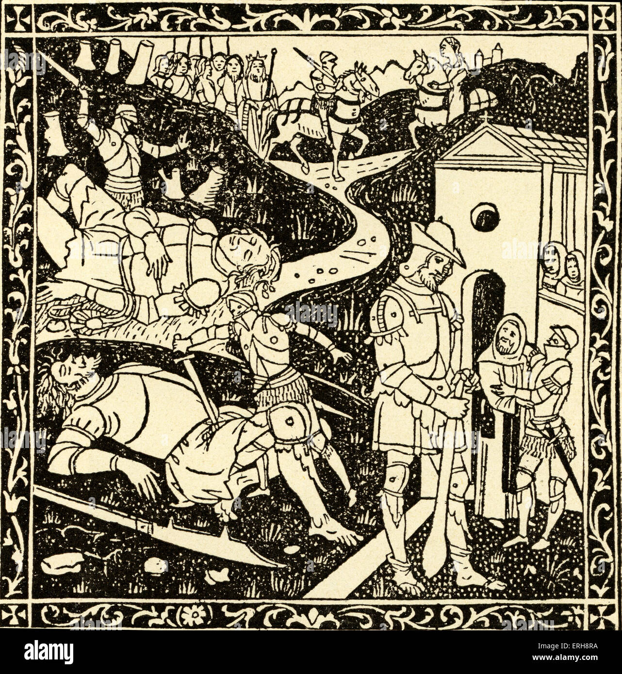 Morgante Maggiore by Luigi Pulci - from wood cut of scene in epic poem, published in final form in 1483. Poem tells the story of Orlando and Renaud de Montauban (in Italian, Renaldo or Rinaldo), the most famous of Charlemagne 's warriors. Morgante is a giant. Caption: 'Roland freed the Abbey of three giants; two lie vanquished, the third, Morgante, is a Christian and has become Roland's friend. On their departure, the Abbot blesses them both'. Stock Photo