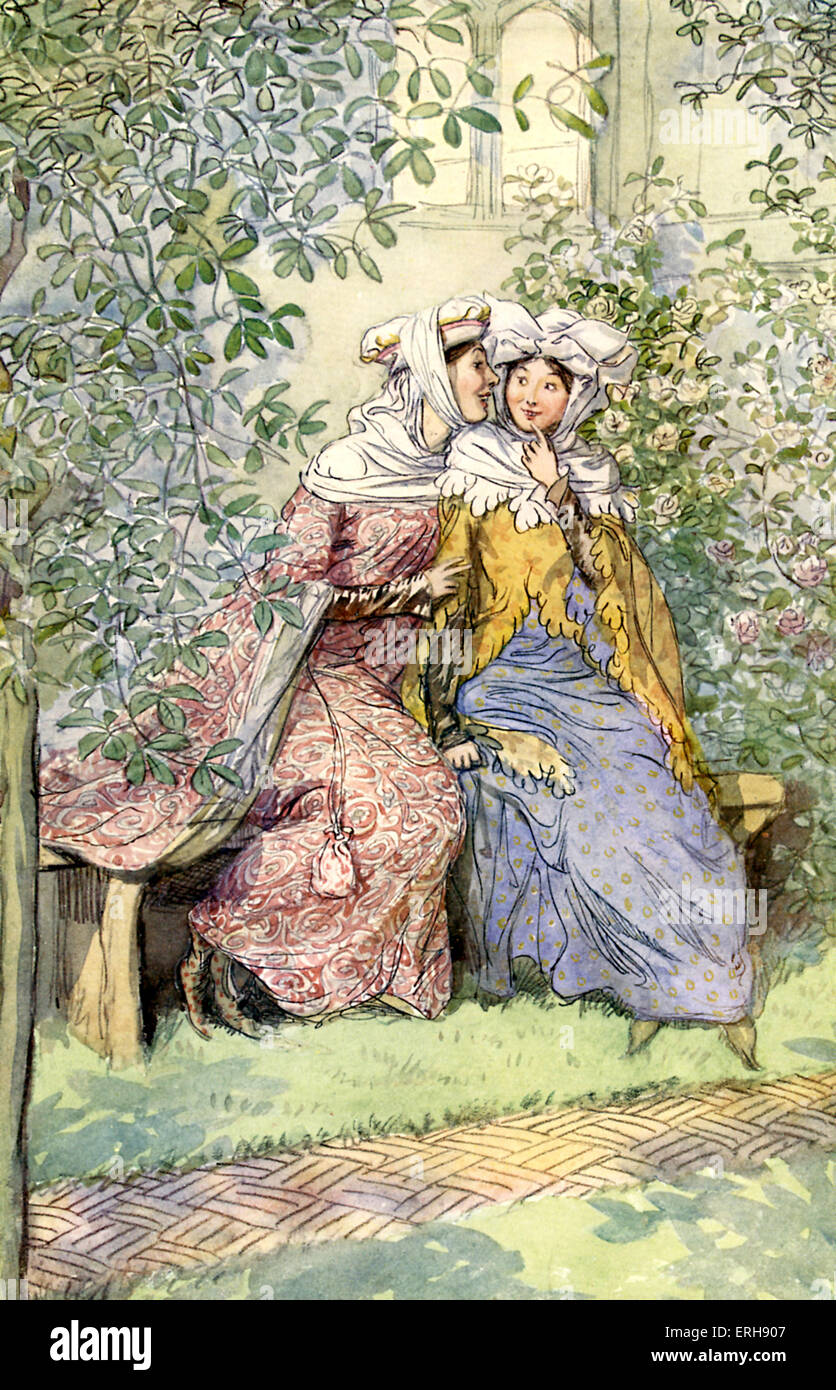 The Merry Wives of Windsor by William Shakespeare. Illustration by Hugh Thomson, 1910. Act II, Scene 1. Caption: 'Mrs Page: Stock Photo