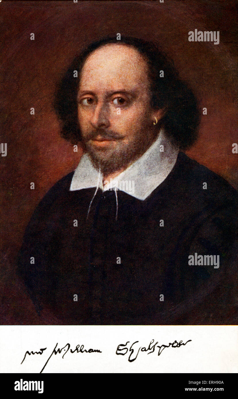 William Shakespeare portrait with signature. Painting may be by Richard Burbage. English playwright. Meant to be most authentic portrait of Shakespeare. Chandos version. Stock Photo